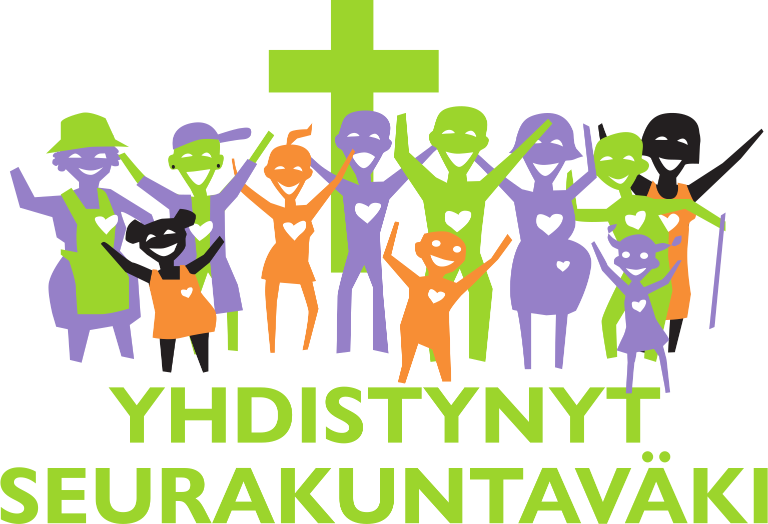 Yhdistynyt seurakuntaväki -logo: iloisia ihmisiä ristin ympärillä